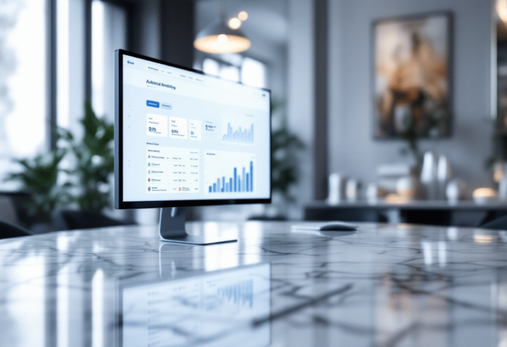 Luxury style dashboard with graphs and email icons showing automated campaigns, clean interface on a large monitor, marble desk, soft depth of field, professional branding colors