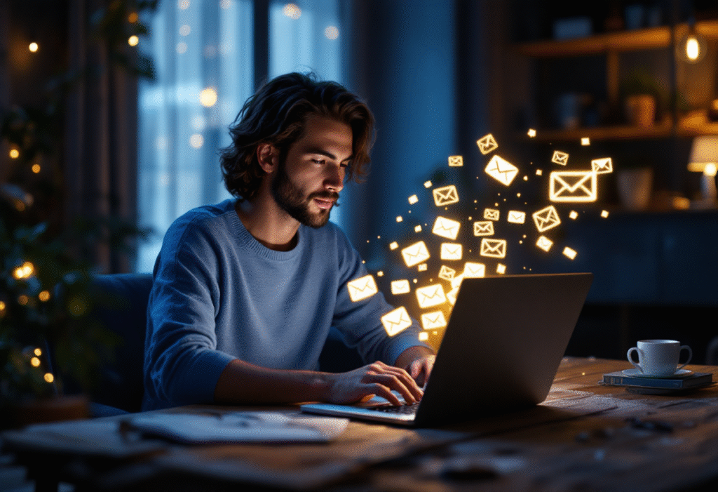 Small business owner using email automation on a laptop at night