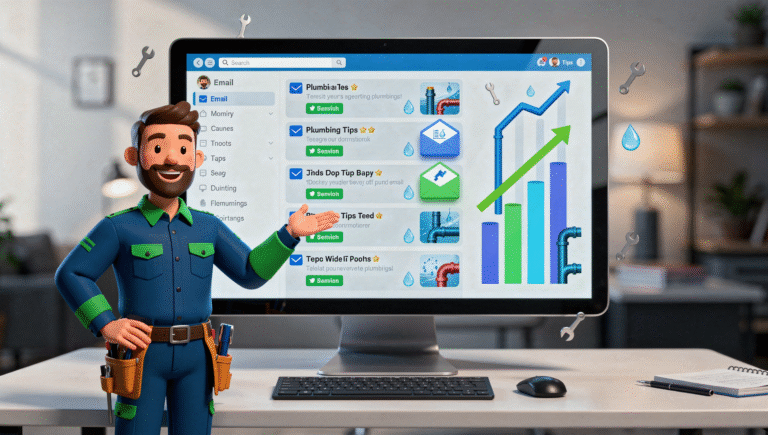 Illustrated plumber pointing at an email inbox filled with plumbing tips and rising results graph