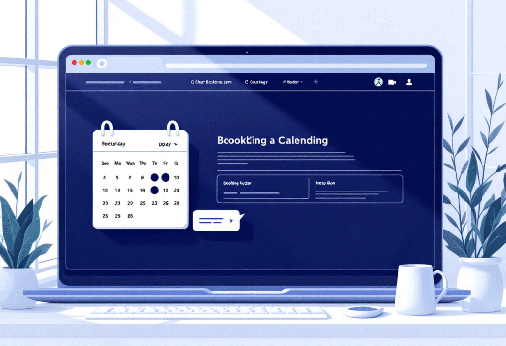 Website chat widget opening beside a booking calendar on a clean desktop