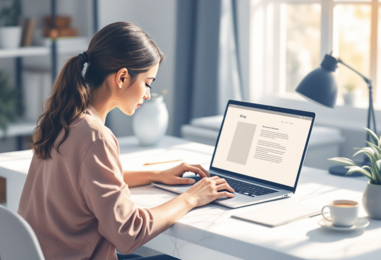 Small business owner blogging at a modern desk with navy and gold accents