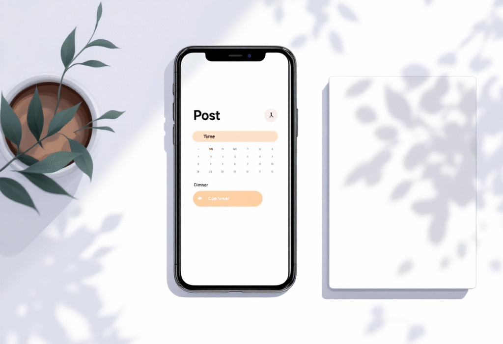 Phone showing a social posting calendar with highlighted best time slots