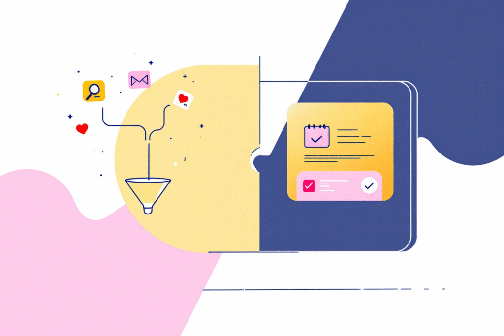 Split screen concept with traffic sources icons flowing into a simple funnel graphic that ends in a calendar booking confirmation