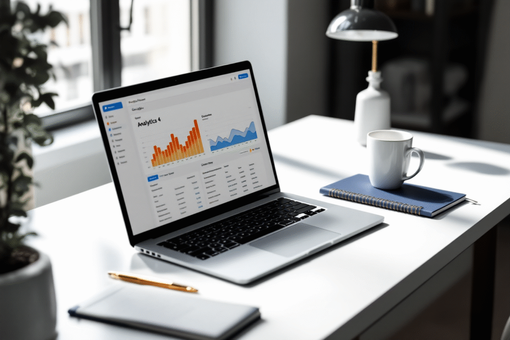 GA4 overview on a laptop in a modern luxury workspace