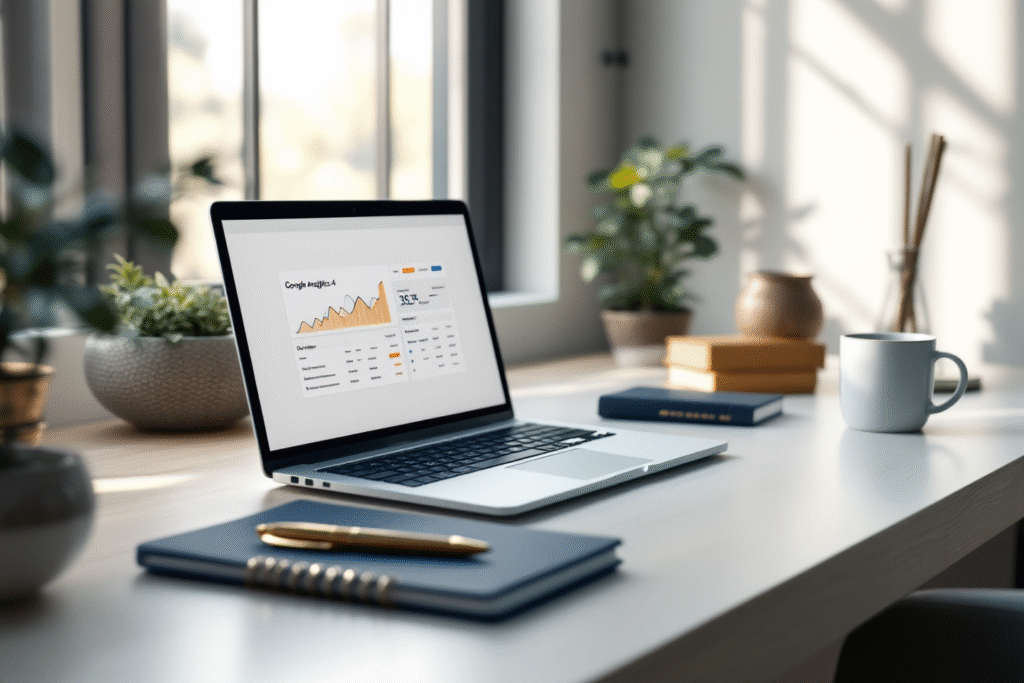 Minimal luxury desk with a laptop showing Google Analytics 4 overview, soft window light, navy notebook, gold pen, clean white mug