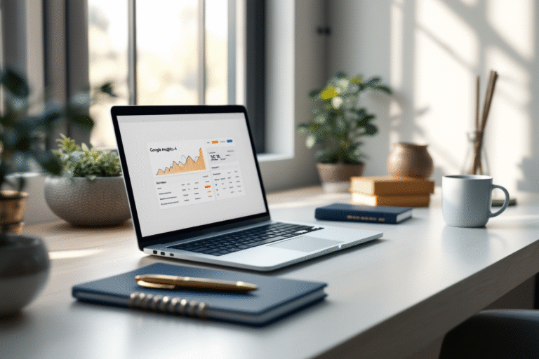 Minimal luxury desk with a laptop showing Google Analytics 4 overview, soft window light, navy notebook, gold pen, clean white mug