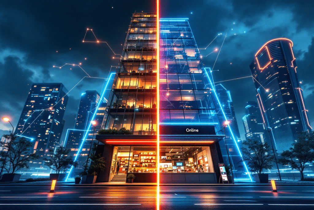 Local small business digitally competing with a large corporate building