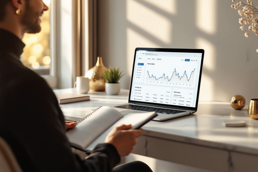 Small business owner reviewing website analytics on a luxury marble desk