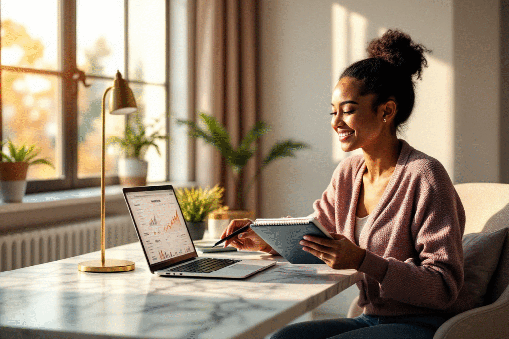 A luxury style home office scene with a sleek laptop on a marble desk showing website analytics, a small business owner smiling with a notebook, warm natural light, subtle gold accents, modern minimalist background, cinematic, ultra detailed