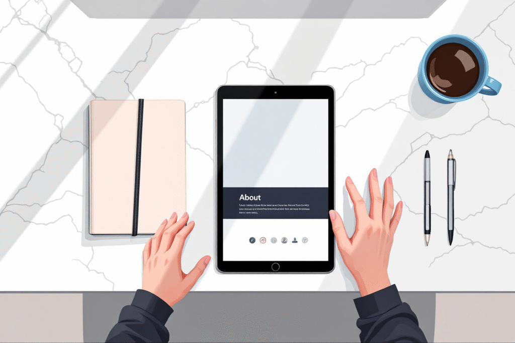 Flat lay of tools used to plan and write an About Us page for a small business.