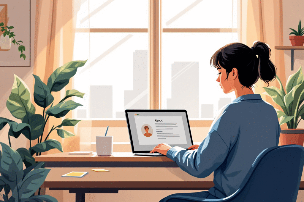 A small business owner sitting at a modern laptop in a cozy office, reviewing their website About page with notes and sticky tabs, soft natural light, clean branding, digital marketing vibe, high resolution