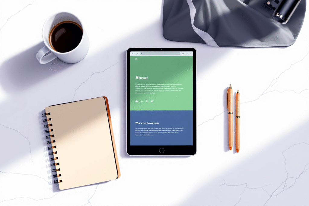 Flat lay of a notebook, coffee mug, tablet showing a website About page, and branded pens on a white marble desk, minimalist design, soft shadows, professional yet approachable aesthetic.