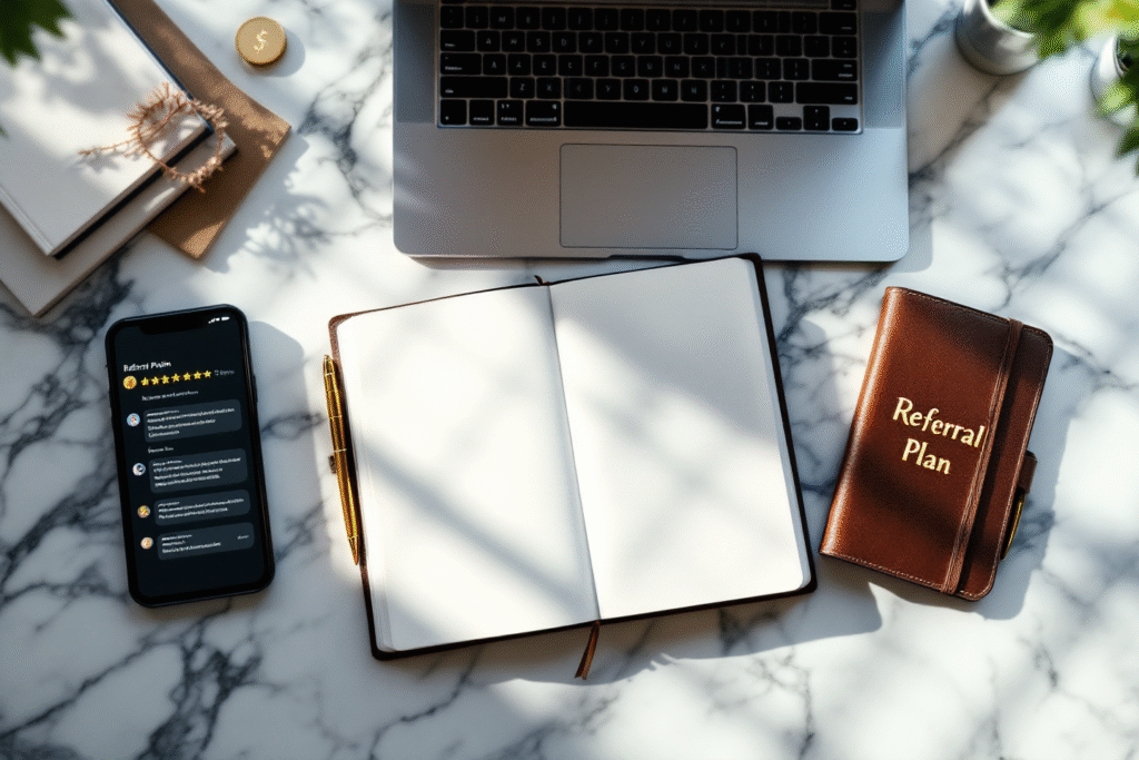 Overhead view of a marble desk with a laptop showing customer reviews, a smartphone with message notifications, a notebook with “Referral Plan” written at the top, and a gold pen, all in a clean, high end aesthetic that fits a digital marketing brand