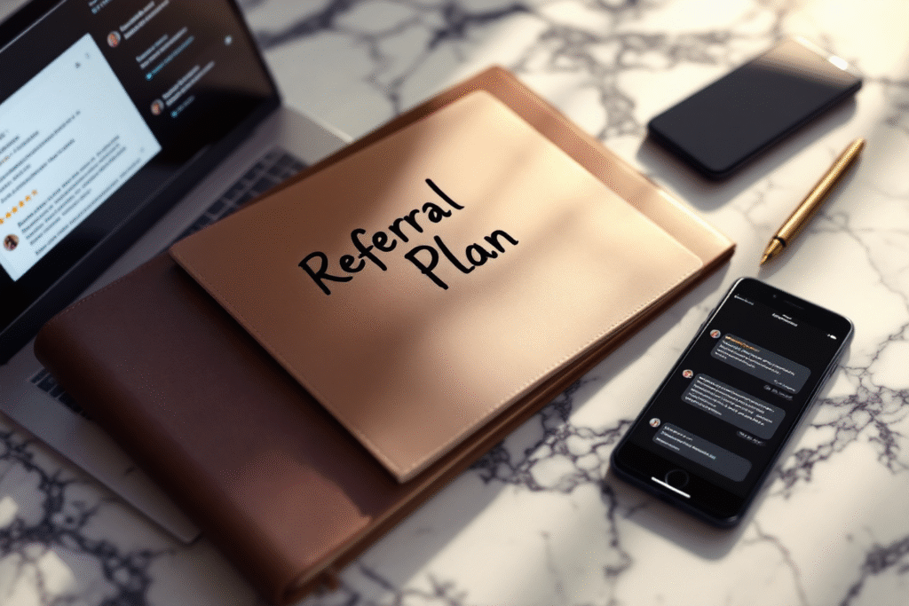 Marble desk with laptop showing reviews and a notebook titled Referral Plan for a local business