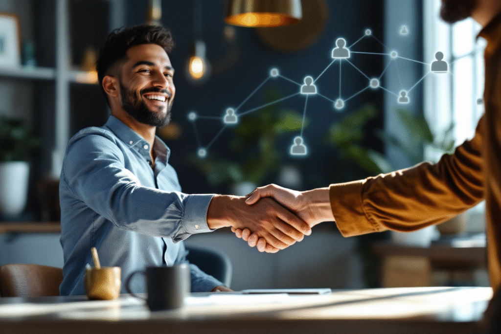 Small business owner shaking hands with a happy customer in a modern office, symbolizing a strong referral relationship