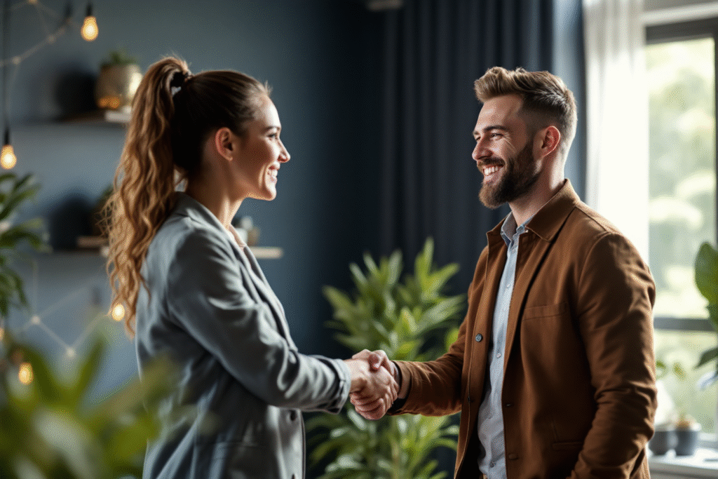 A luxury style photo of a small business owner shaking hands with a happy customer inside a modern office, with soft natural light, deep navy and gold accents, and subtle icons of people connected by lines in the background, symbolizing referrals and word of mouth