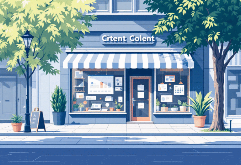 Local storefront with a laptop content calendar for small business blogging