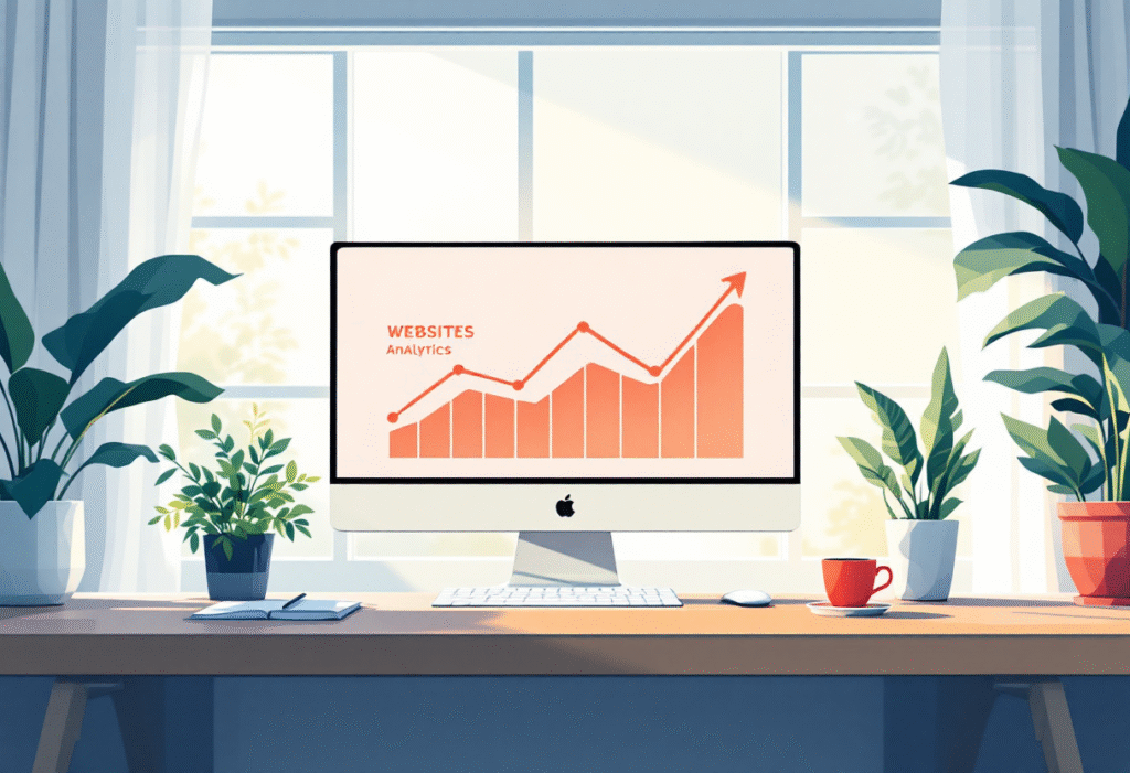 Desktop screen with website analytics graph trending upward next to a post scheduler, bright natural light, modern workspace