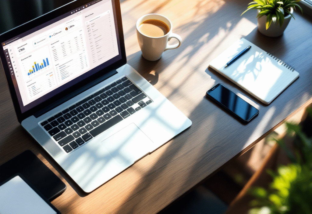 Flat lay of a laptop, notebook, smartphone, and coffee on a clean desk, CRM charts and contact lists visible on the screen, soft shadows, bright and inviting, perfect for a small business productivity theme