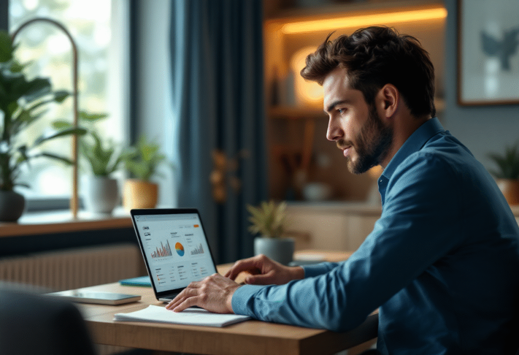 A modern small business owner in a stylish home office, looking at a clean CRM dashboard on a laptop, soft natural light, minimal design, subtle blue and gold accents, crisp and professional, highly realistic
