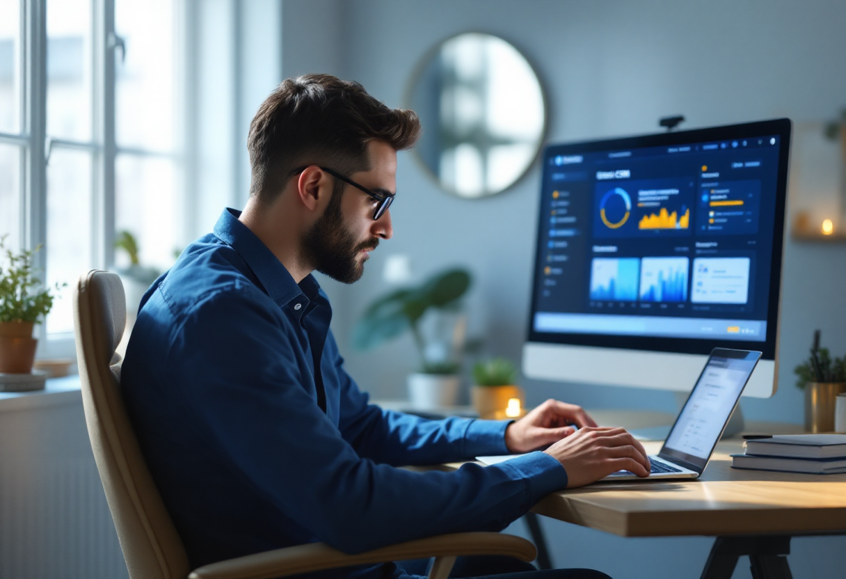 Small business owner reviewing CRM dashboard on laptop in modern home office
