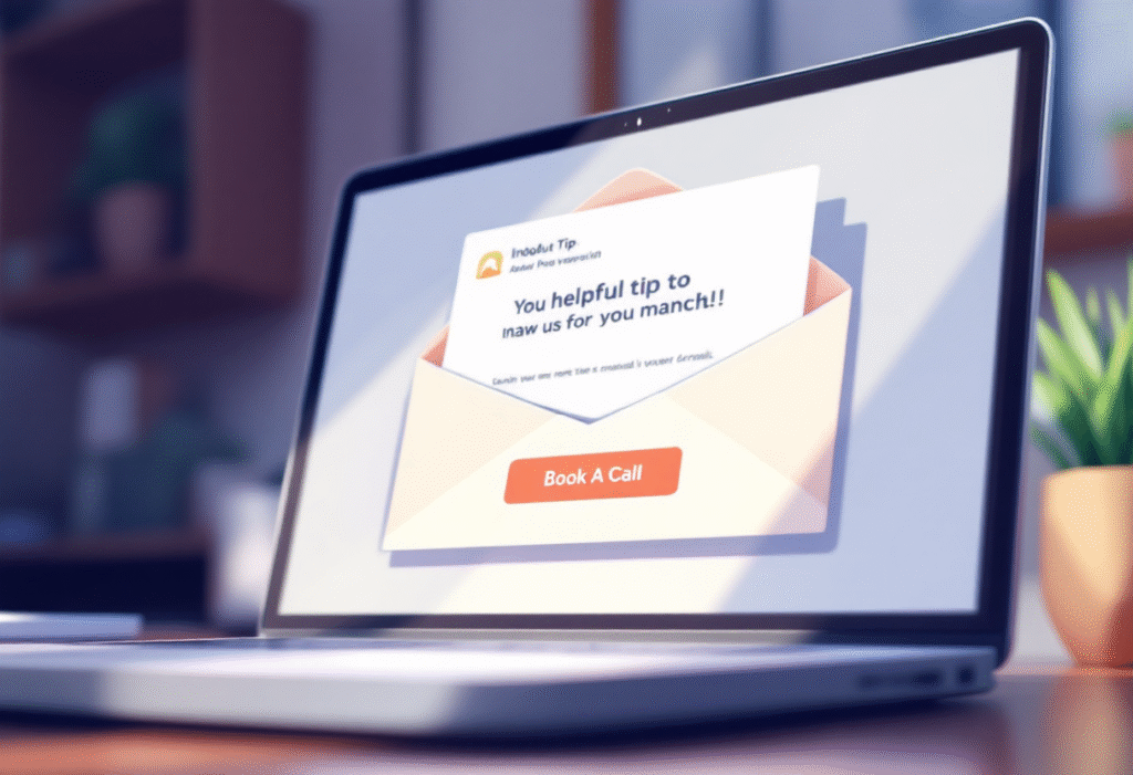 Close up of an inbox on a laptop with a helpful tip email open and a clear Book A Call button, crisp editorial lighting, modern workspace