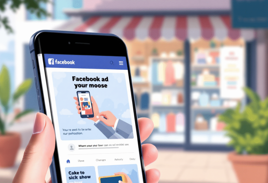 Smartphone close-up showing a Facebook ad with a clear call to action, blurred storefront background, natural light, lifestyle vibe
