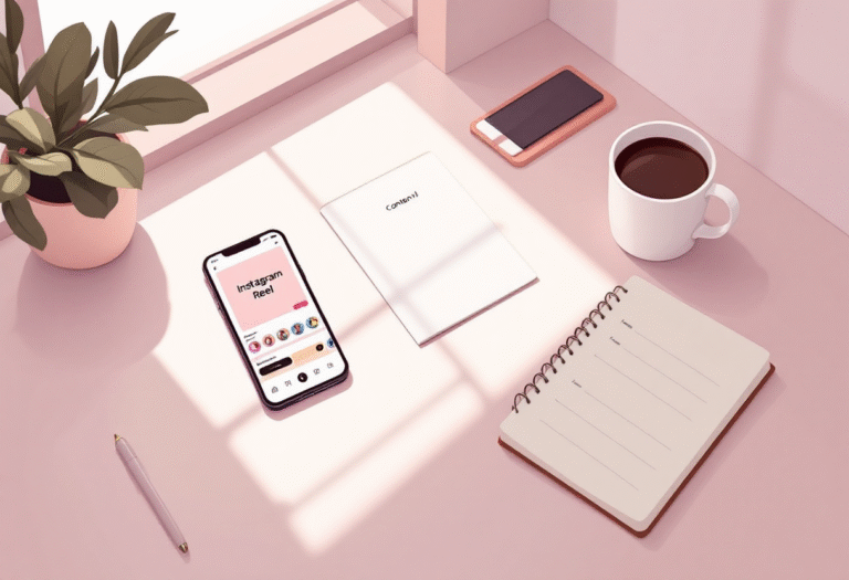 Smartphone editing an Instagram Reel beside a simple content plan on a bright desk