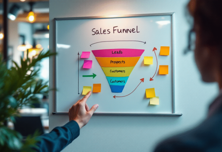 Marketing funnel diagram showing leads converting to customers