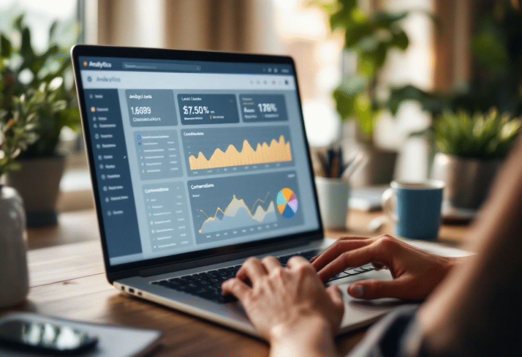 Small business owner viewing lead tracking dashboard on laptop
