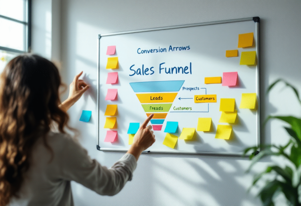 Whiteboard funnel diagram with sticky notes for leads, prospects, and customers, person pointing at conversion arrows, clean office setting, realistic photography