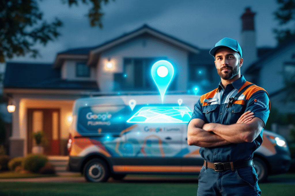 Plumber standing by service van with Google map graphic for local SEO strategies