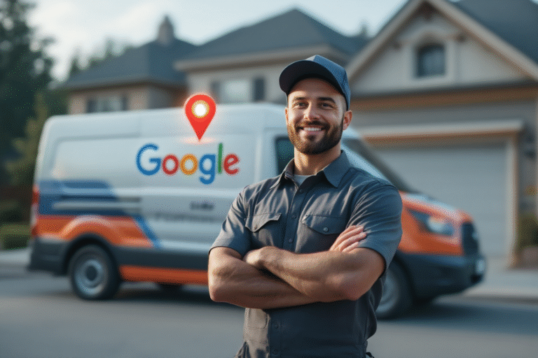 A busy local plumber in branded uniform standing next to a wrapped service van in front of a suburban home, with a glowing Google map and pin floating behind them, modern clean style, high contrast, attention grabbing, for a blog about local SEO strategies for plumbers