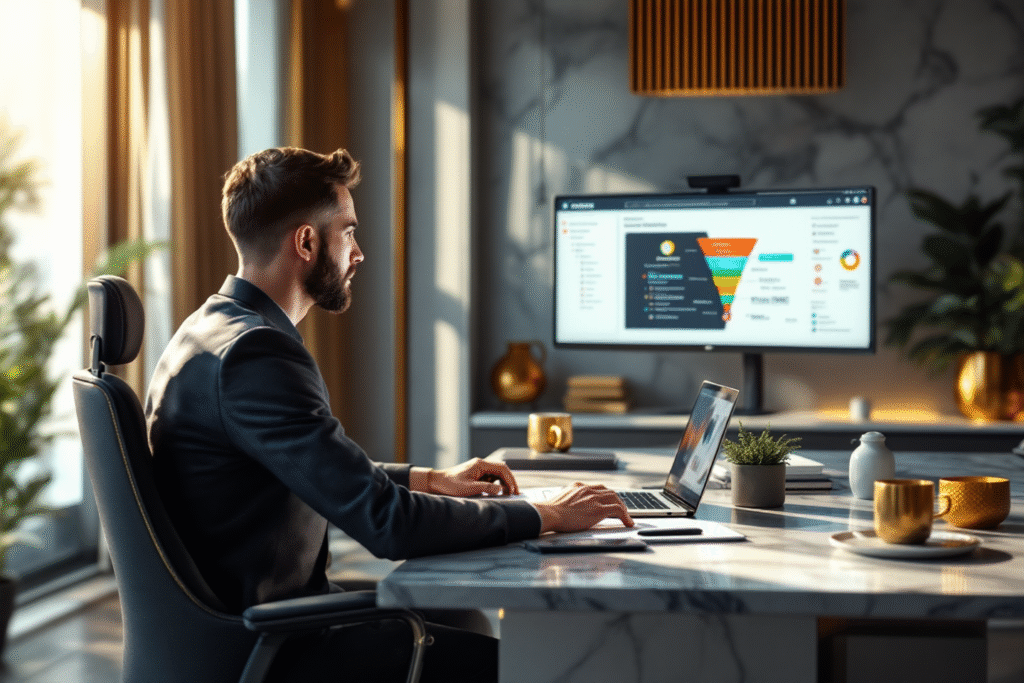Small business owner reviewing a marketing funnel plan on a modern office desk