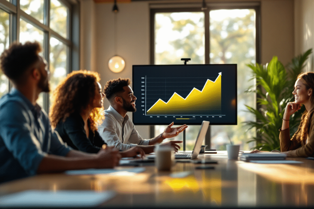 Small business team celebrating a rising conversion graph in a meeting room