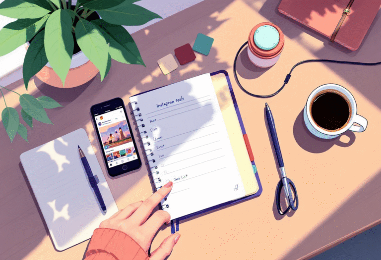 Smartphone editing an Instagram Reel beside a short shot list on a bright desk