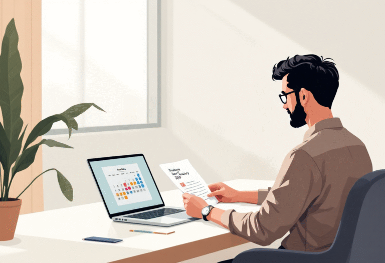 Business owner reviewing a one-page case study PDF beside a laptop with a booking calendar open, soft daylight, professional desk setup