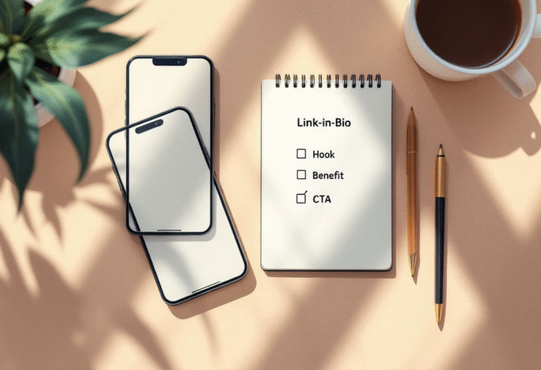Minimal flat-lay of a phone showing a link-in-bio hub beside a notebook checklist labeled Hook, Benefit, CTA, soft natural light, tidy desk.
