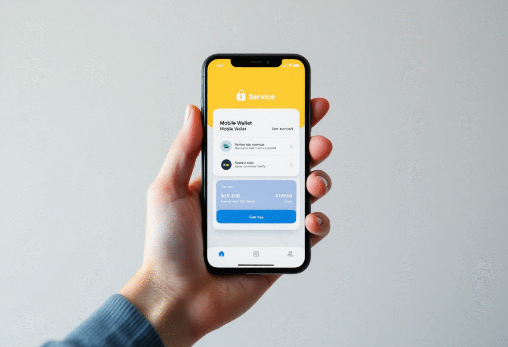 Customer paying with mobile wallet on a phone while viewing a service website, close up of hand and screen, clean minimalist background, professional vibe