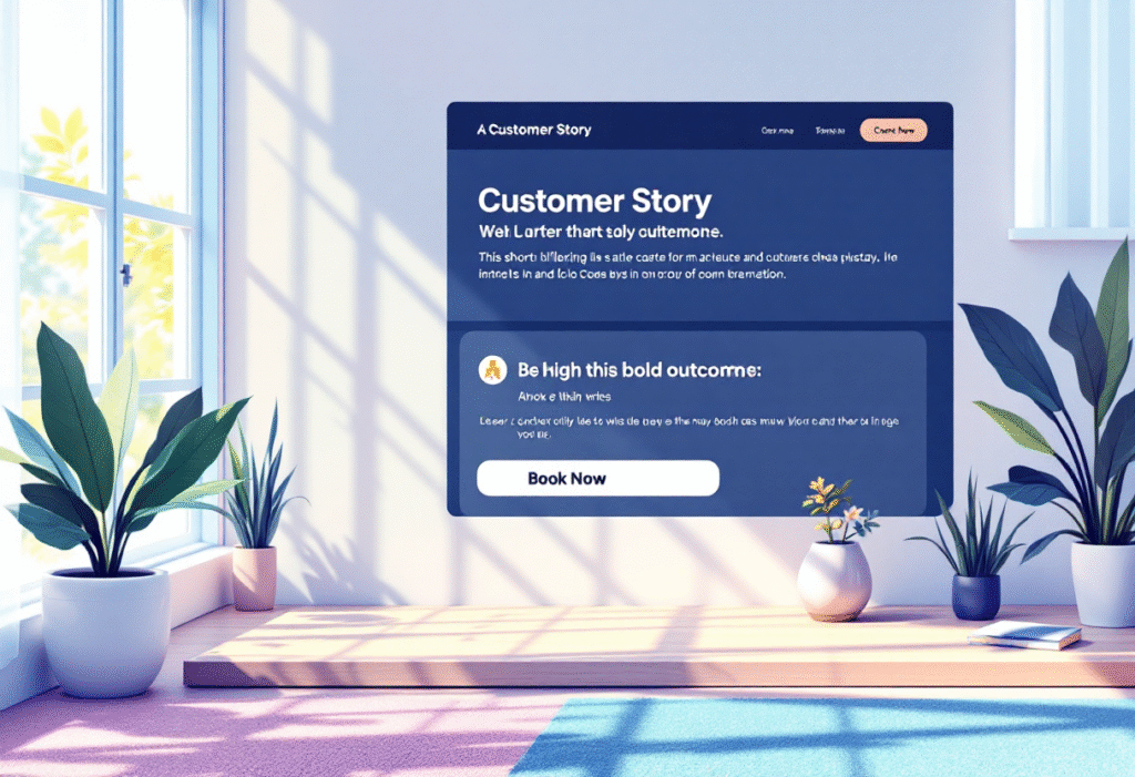 Homepage hero section showing a short customer story card with a bold outcome and a primary Book Now button, bright natural light, navy and white UI, clean premium style