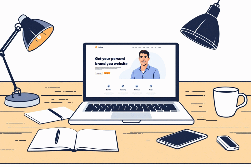 A laptop screen showing a personal branded website with a large headshot and clear headline, surrounded by a notebook, coffee, and phone on a tidy desk