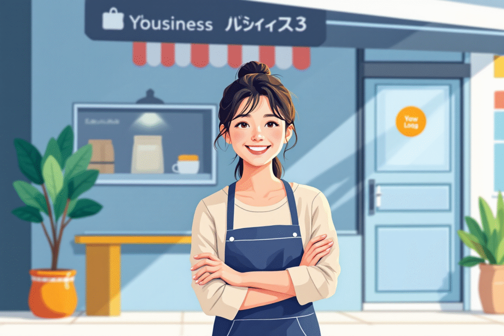 A confident small business owner standing in front of their shop, smiling at the camera, with their logo subtly visible on the window behind them.
