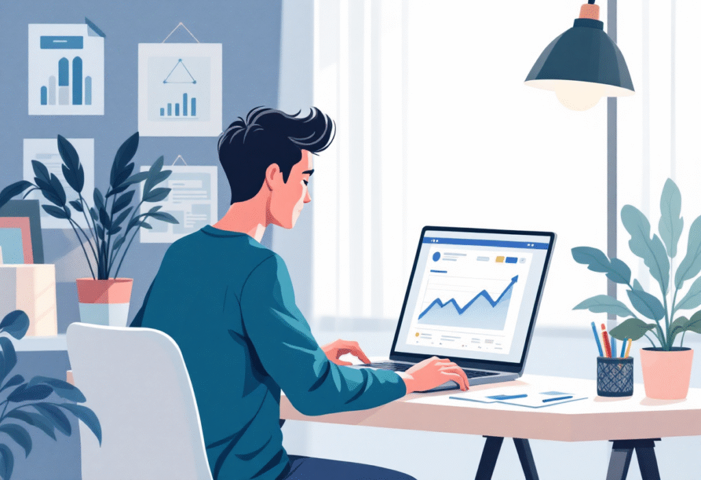 A small business owner reviewing Facebook ad metrics on a laptop at a modern desk, soft daylight, crisp graphs on screen, minimal branding accents, realistic photo