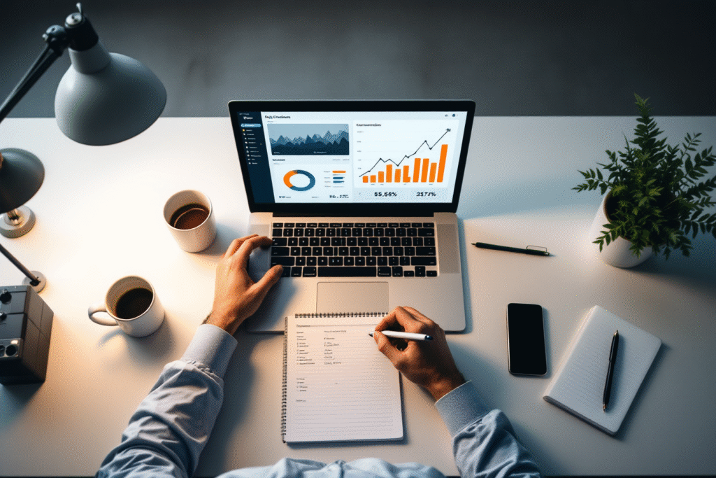 Small business owner reviewing rising website funnel conversions