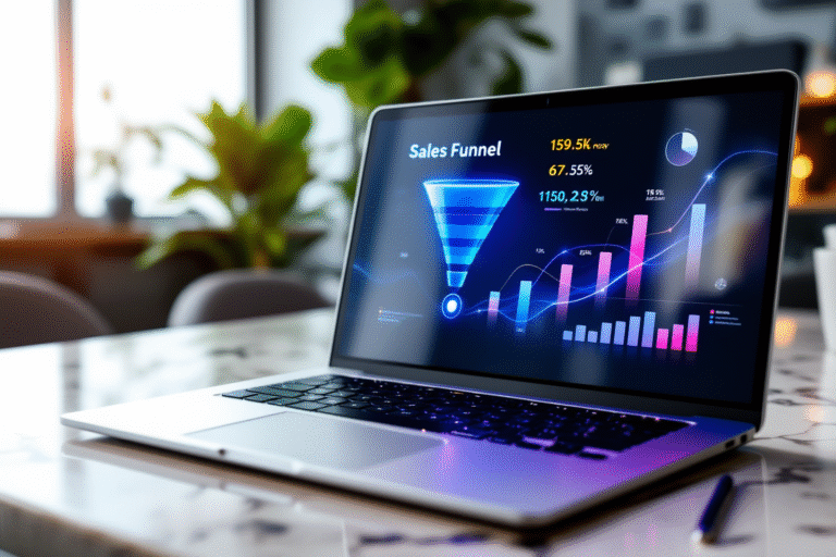 A sleek laptop on a marble desk showing a sales funnel flowchart on screen, subtle neon accents, blurred office background, luxury small business aesthetic, soft natural lighting