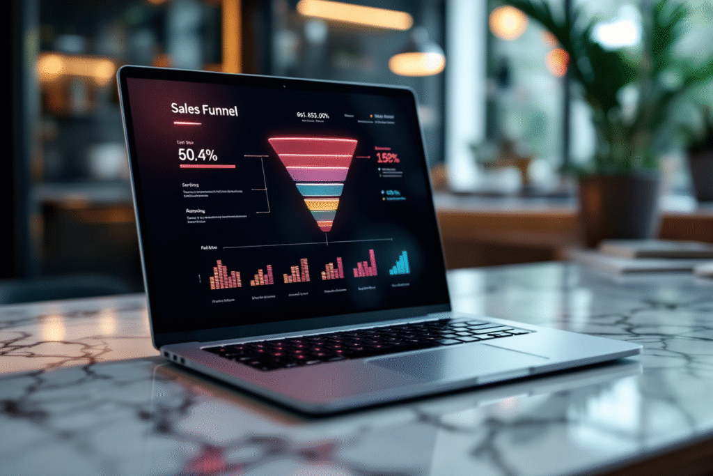 Sales funnel flowchart on laptop screen for small business website