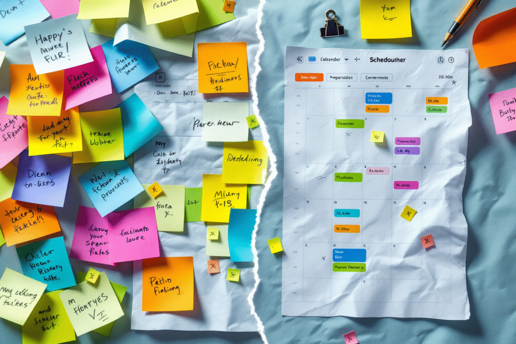 Split screen illustration of chaotic sticky notes and paper calendar on one side and a neat digital scheduling dashboard on the other, colorful and easy to understand