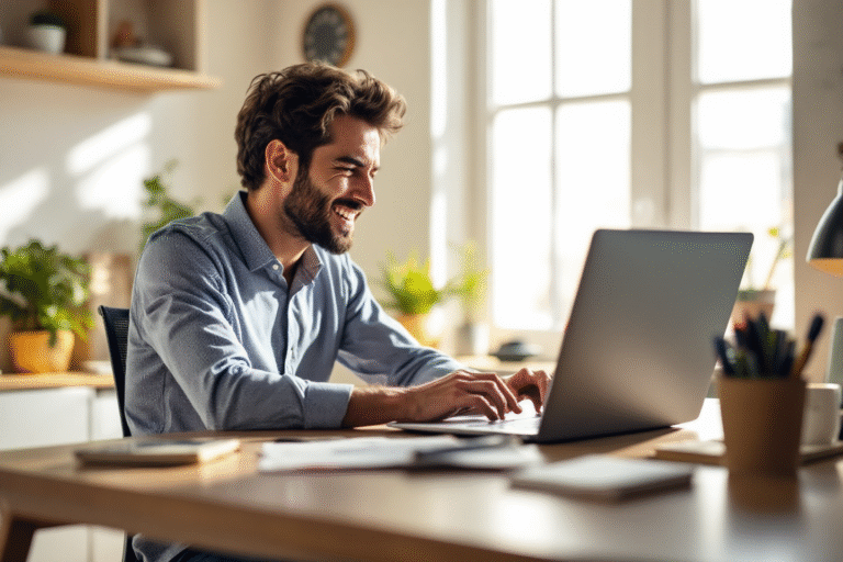 Busy entrepreneur at a modern desk looking relieved as their laptop screen shows an online booking calendar filling with appointments, bright natural light, realistic style