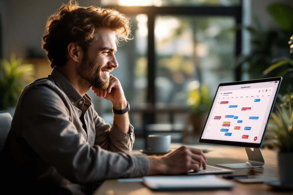 Small business owner watching their online booking calendar fill up