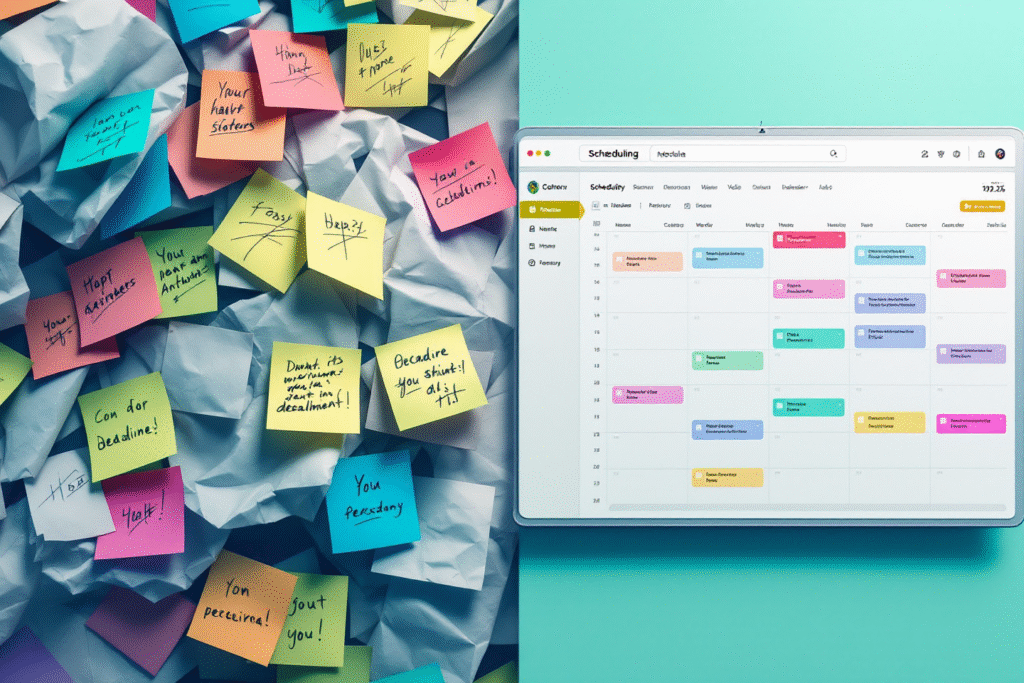 Comparison of messy paper scheduling and organized digital calendar